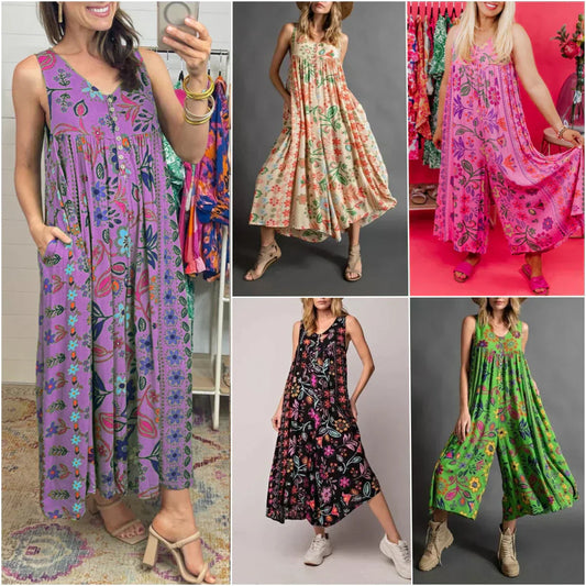 💐Jumpsuit med vintageprint og løse ermer💃