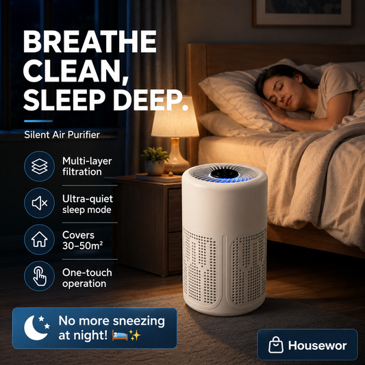 🥳 Stille luftrenser – Flerlagsfiltrering, ultrastille sovemodus. Dekker 30–50 m², betjenes med ett trykk. Pust inn ren luft, sov godt. Ikke mer nysing om natten! 🛌✨