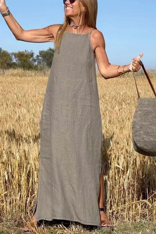 💕Uformell ensfarget halter ermeløs lin kjole for kvinner