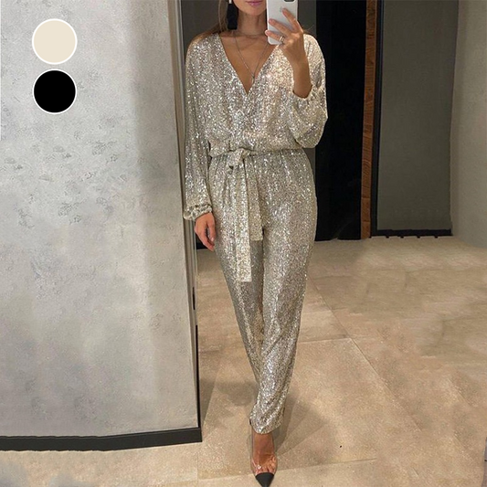 Sparkly V-hals beltede jumpsuits for kvinner