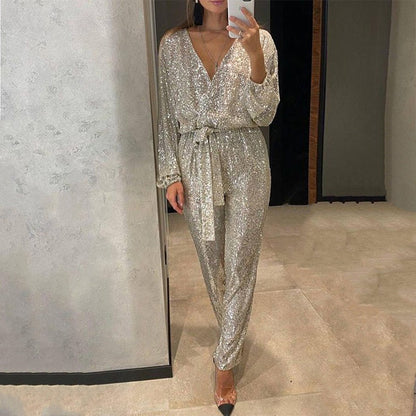 Sparkly V-hals beltede jumpsuits for kvinner