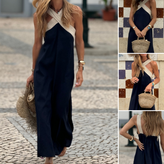 💐Vårtilbud🌸 Halter hals ermeløs maxikjole for kvinner