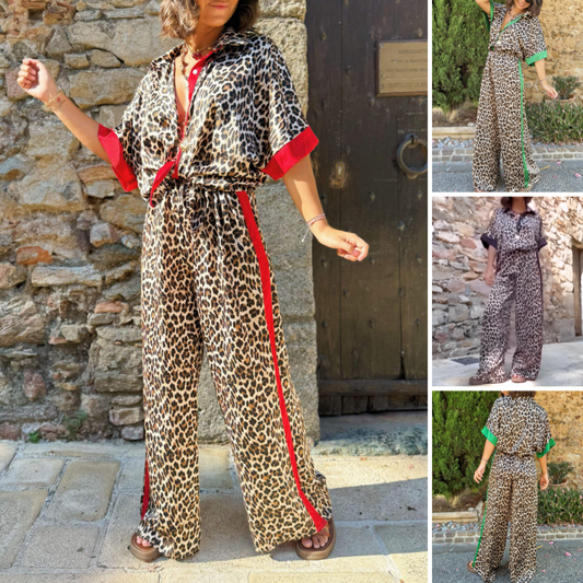 🌸 Vårsalg 50 % rabatt 💐 2-delt leopardprint skjorte for kvinner og bukser med brede ben