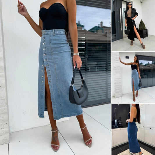🌸 Stilig knappelukking Delt denim Bodycon-skjørt – uanstrengt chic og komfort!