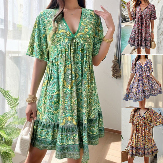 🔥Hot Sale 50 %OFF👗V-hals med kortermet minikjole med blomstertrykk for kvinner