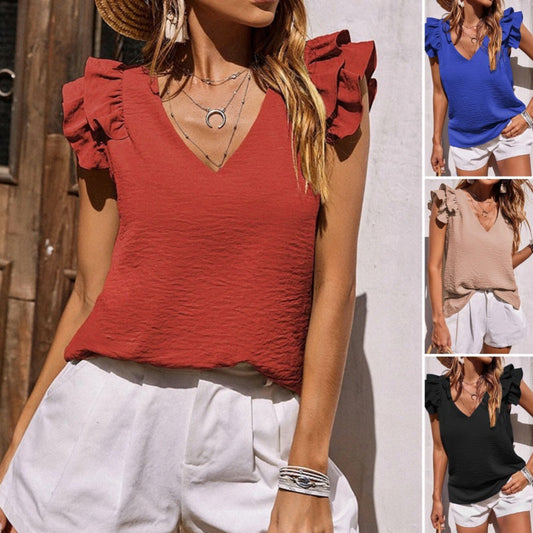 V-hals Ruffle Ermeløs Stretch Topp