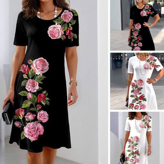 🌸Vårtilbud💐 Kjole med korte ermer og roseblomst