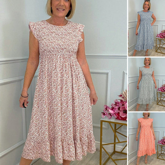 Elegante Blomstrede Kjoler for Dame, Høyt Liv og Korte Ermer med Volanger