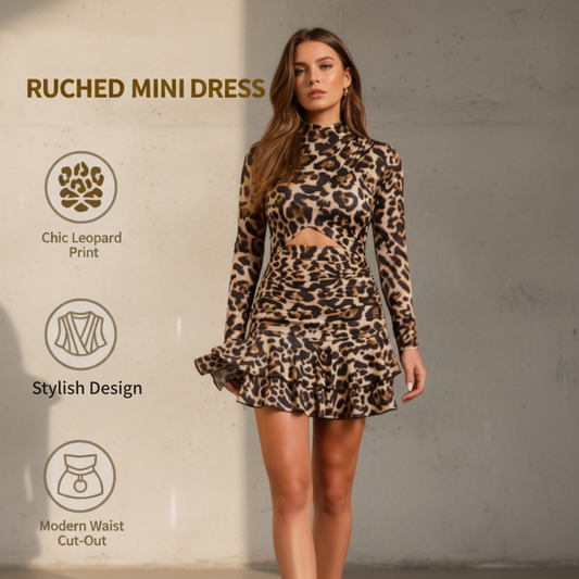 🥳2026 HOT SALG🥳💞50 000+ SOLGT!👵💃 50% RABATT! Leopardprint med rynket minikjole – Myk stretch, flatterende rynking som sitter på magen. Elegant trykk, leken lengde. Perfekt til middager eller fester. 🐆✨