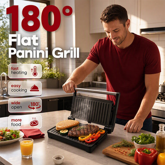 Elektrisk smørbrød- og paninigrill som kan åpnes 180 grader.